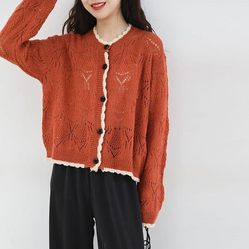 Spring  Autumn Long Sleeve Hollow Knitted Sweater Cardigan Jacket Loose Women's Casual Fashion Top Student