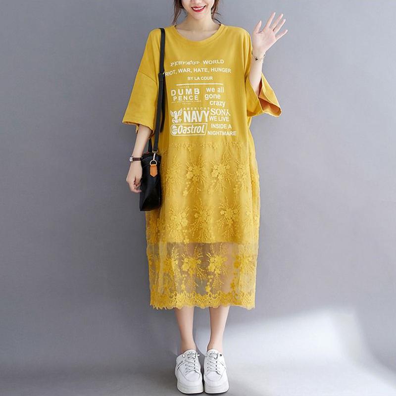 WTEMPO Plus Size Women Dress Summer Lace Round Neck Long Dress Casual Mid-calf Length