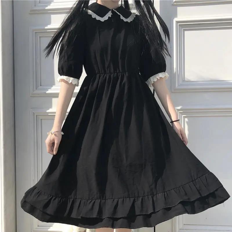 Sailor Collar Navy Dress Lolita Sweet Bow-knot Girl Retro Style Student Girls Lace Cuff Mid-calf Solid color Dress