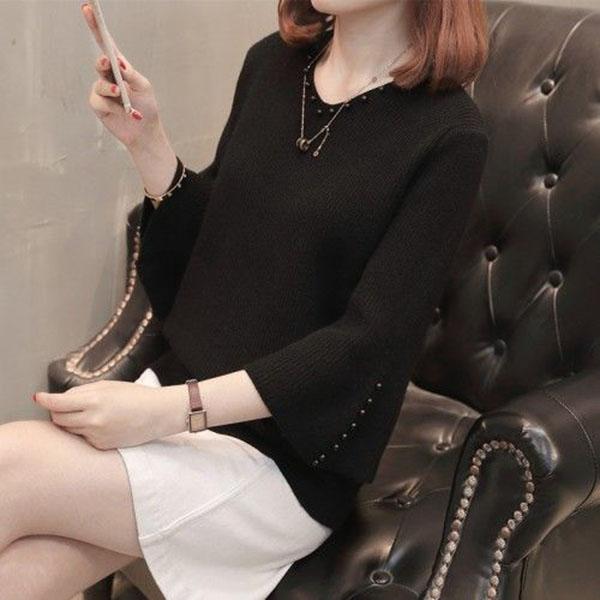 Spring and Autumn Solid Color Pullover Sweater Women's Beaded Loose Short V-neck Knitwear