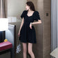 Women's Summer Dress Square Neck Thin Puff Sleeves Solid Color A-Line Skirt