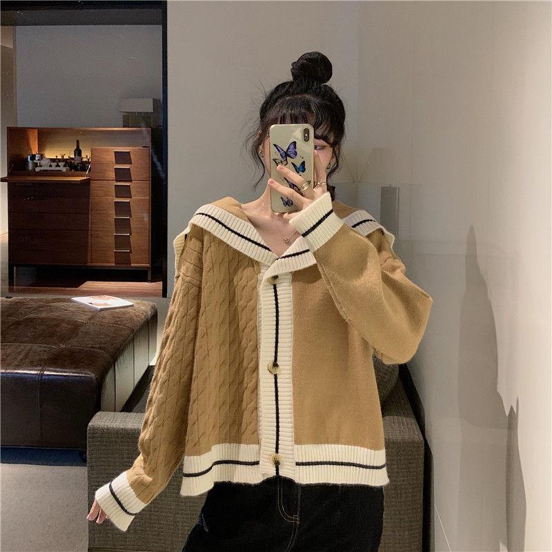 Autumn and Winter College Style Navy Collar Contrast Color Design Sense Outer Wear Loose Long-sleeved Knitted Sweater Women