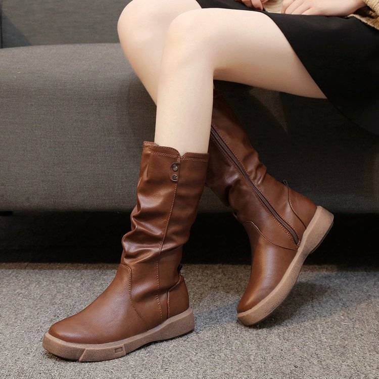 Women's PU Martin Boots Autumn Winter Flat Boots Plus Velvet Knight's Style Boots  Zipper Leather Shoes