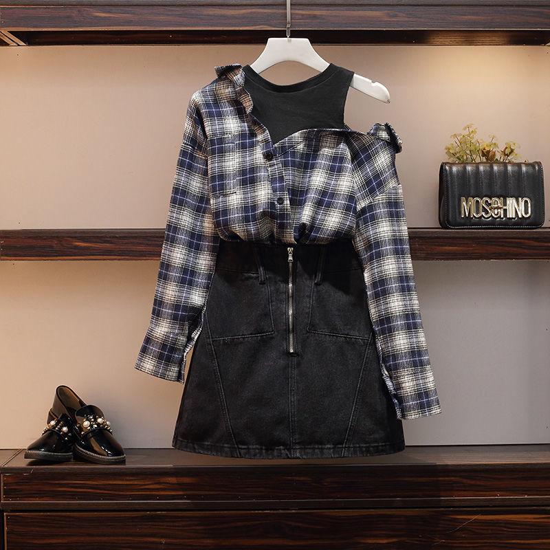 2pcs/set Autumn Plus Size Skirt Suit Female Plaid Shirt + Denim Skirt Two-piece Suit Women Outfits