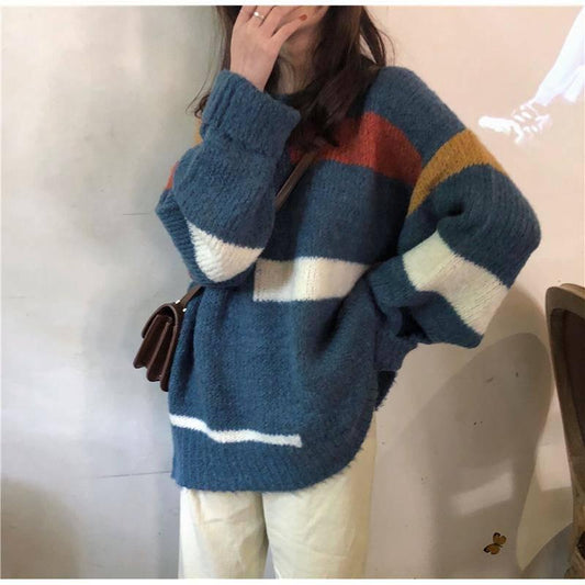 Autumn and winter new sweet striped sweater female student loose thin wild hooded sweater coat