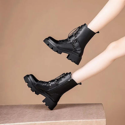 Spring Autumn Thick-soled Round Toe Martin Boots Belt Buckle Short Boots British Shoes Single Boots Motorcycle Shoes