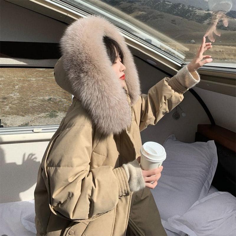 Down Jacket Women's Mid-length White Duck Down Korean Style Loose Over-the-knee Jacket Design Sense of Winter Big Fur Collar Tide