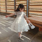 Girls White Fluffy Princess Dress Sequins Sweet Baby Summer Dress Mesh Short Sleeve Large Skirt Dress