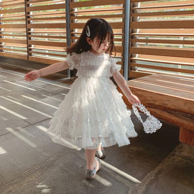 Girls White Fluffy Princess Dress Sequins Sweet Baby Summer Dress Mesh Short Sleeve Large Skirt Dress
