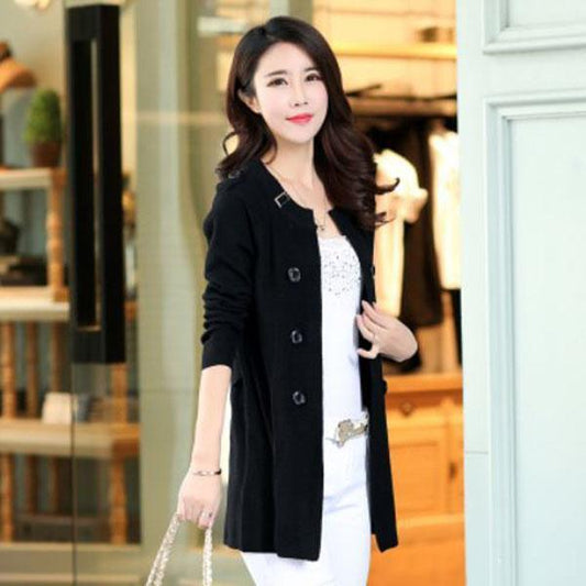 Spring and Autumn Knitted Cardigan Sweater Mid-length Versatile Solid Color Top Casual Simple Female Jacket
