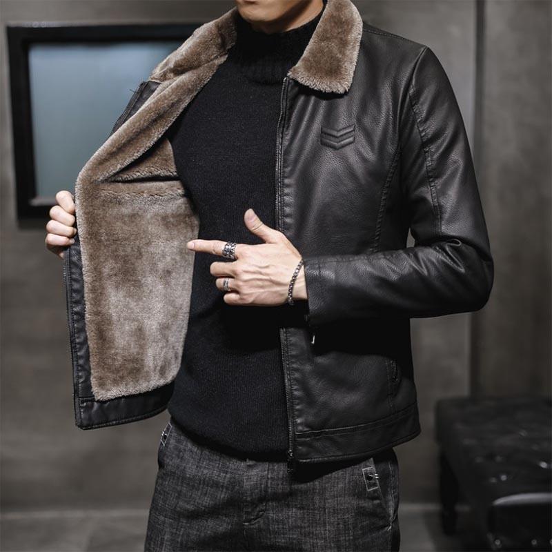 Autumn and Winter Men's Thick Leather Jacket Fashion Windproof Warm Jacket Men's Motorcycle Jacket Bomber Jacket Lapel Top