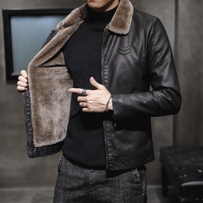 Autumn and Winter Men's Thick Leather Jacket Fashion Windproof Warm Jacket Men's Motorcycle Jacket Bomber Jacket Lapel Top