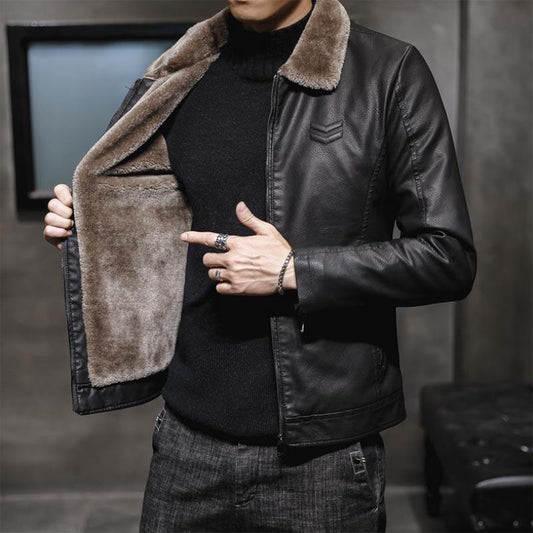 Autumn and Winter Men's Thick Leather Jacket Fashion Windproof Warm Jacket Men's Motorcycle Jacket Bomber Jacket Lapel Top