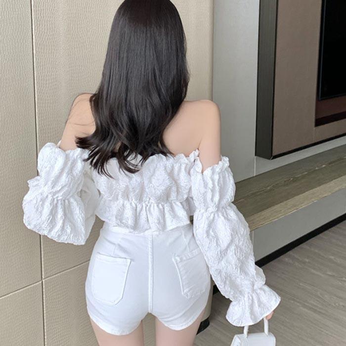 Lantern Sleeve Summer Shirt One-Shoulder Top Jacquard Slim Short Sexy T-Shirt Shirts