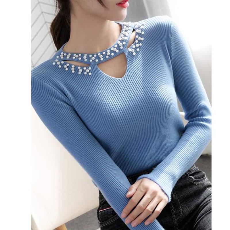 Pofulove Women hollow O-Neck Pearl Beaded Sweater Long Sleeve Knit Sweater Pullover thick Winter