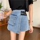 WTEMPO Big Pocket Irregular High Waist Denim Shorts Women Loose Wide Leg A-line Casual Shorts