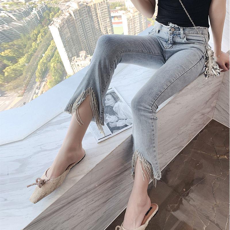 WTEMPO Tassel Trumpet Tight Women's Jeans Loose and Slim High Waist Zipper Denim Big Pocket Trousers