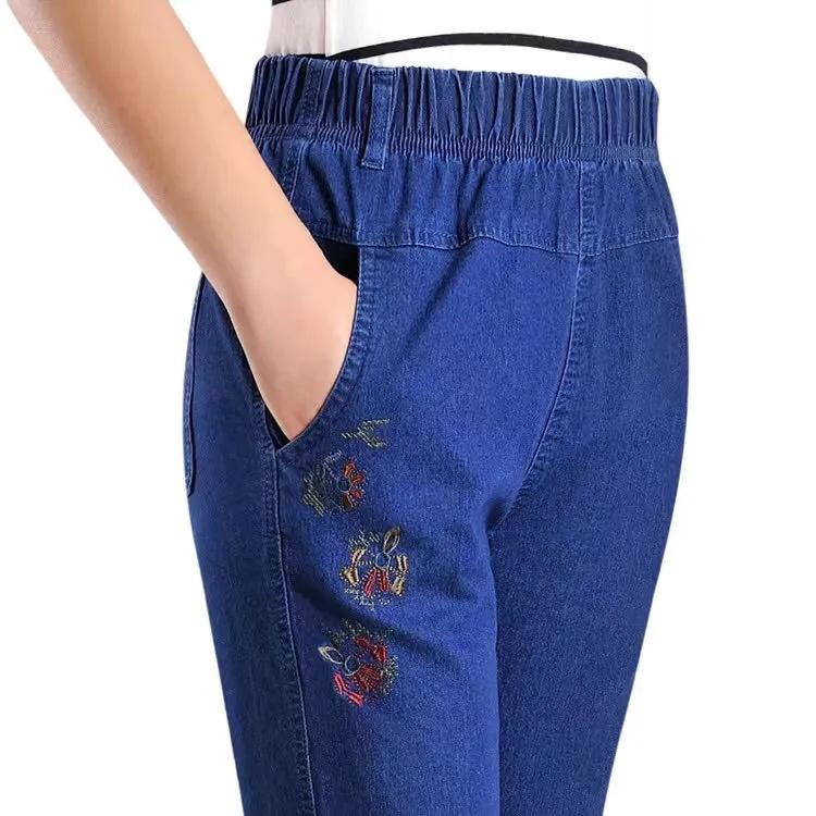 Flower Embroidered Jeans Women's Summer Thin Loose Straight Denim Pants High Waist Straight Stretch Middle-aged and Elderly Elastic Waist Ninth Pants