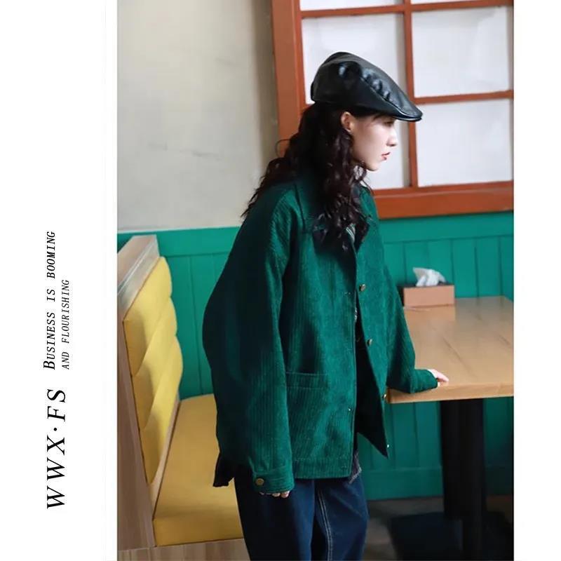 Stitching Long-sleeved Jacket Women's 2022 Spring and Autumn Korean Version Retro Loose All-match Thin Green Corduroy Short Jacket
