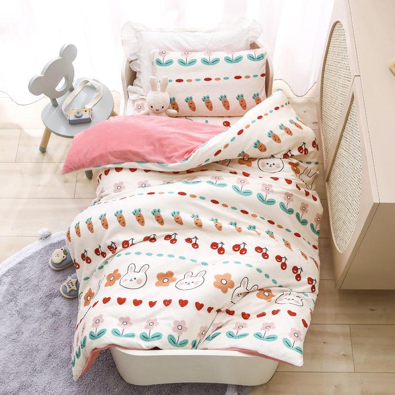 Children's Bed Three-piece Soft Skin-friendly Pillowcase Quilt Cover Sheet Milk Velvet Warm Bed Set Baby Bedding