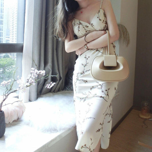 Female Summer Elegant Natural Gentle Dress Vintage Low Chest Tight Wrap Hip Split Sling Holiday Dress