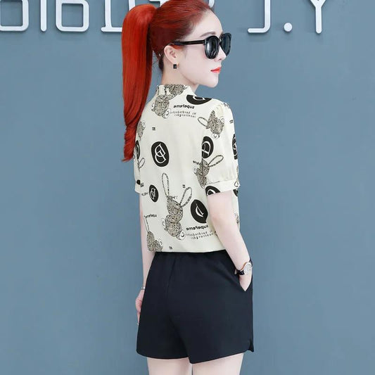 Short-sleeved Chiffon Shirt Ladies Temperament Shirt Summer Top Women's Small Shirt V-neck Neckline Tie Bowknot Fabric Light and Breathable