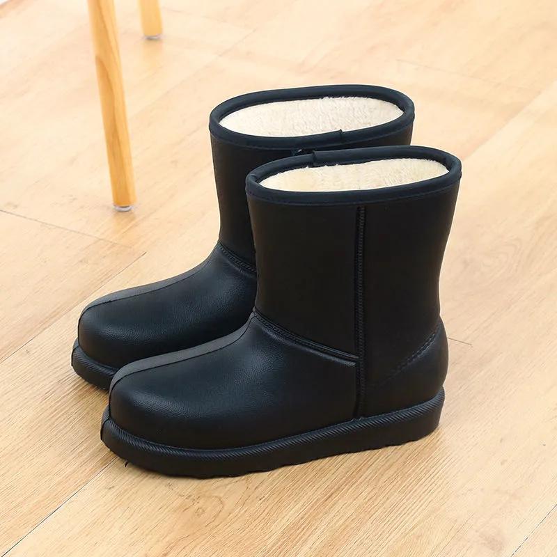 Rain Boots Women Waterproof Work Shoes for Girls Mid-calf Water Shoes Winter Plush Warm Rain Boots with Fur EVA Anti Slip Solid