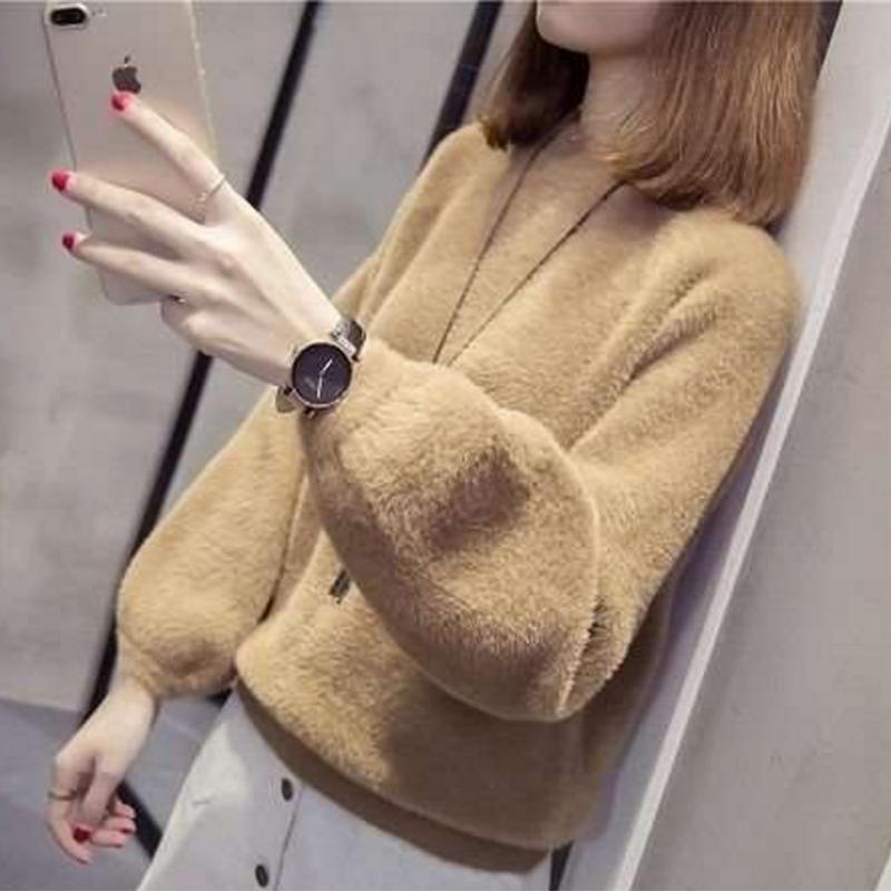 PofuLove Autumn and Winter Bottoming Shirt Mink Velvet Bow Sweater Women Hooded Loose Jacket Short