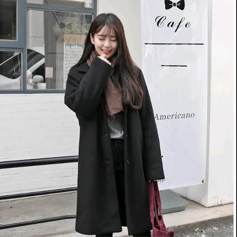 Woolen Coat Women Autumn and Winter Loose Mid-length Black Thick Woolen Coat