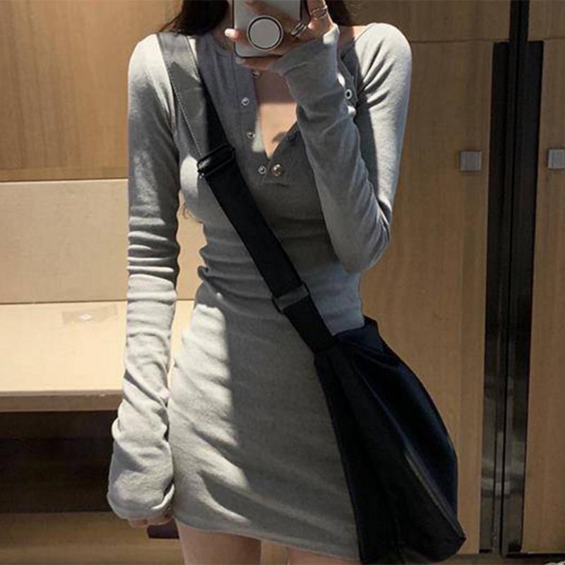 Pofulove ship skirt was thin skirt exy slim long-sleeved high waist dress female temperament