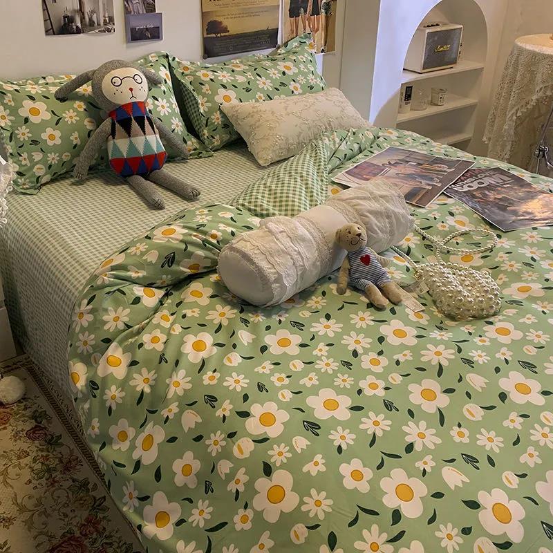 Simple Spring and Summer Love College Style Four-piece Bedding Set for Student Dormitory Blue Duvet Cover Four-piece Set