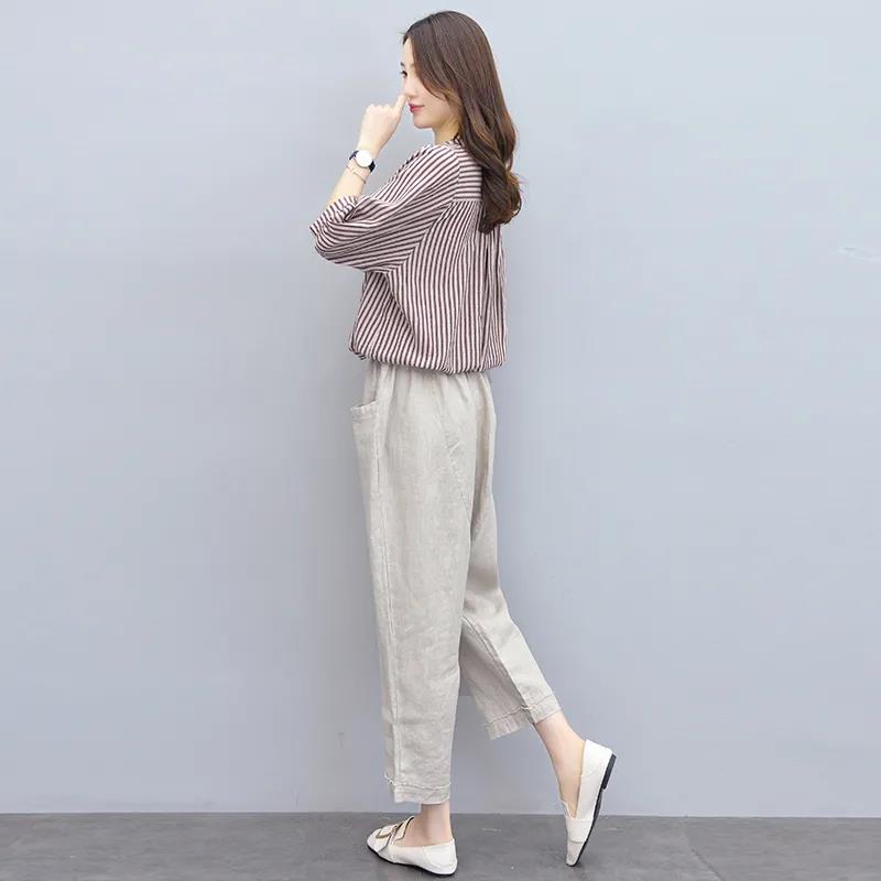 Cotton and Linen Suit Women's Striped Top Trousers Casual Two-piece Suit Pants Striped Shirt Elastic Waist Casual Pants Ladies Loose Casual Suit