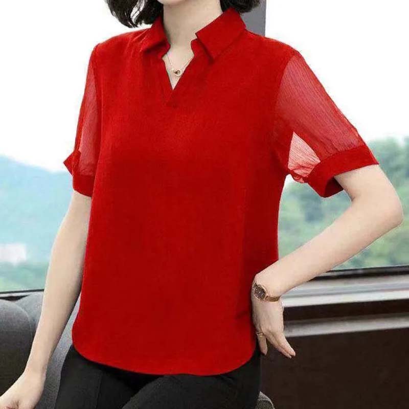 Chiffon Shirt 2022 Summer Black Short-sleeved V-neck Top Cover Belly Plus Size Women's Korean Mesh Blouses V Neck Lapel Tops Pullover Blouse Shirts