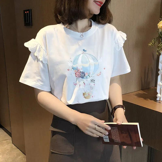 Short Sleeve T-shirt Women Summer Printing Large Size Loose All-match Lace Top