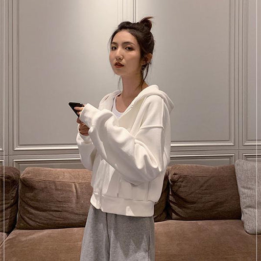 Autumn/winter Hooded Short Sweater High Waist Cropped Long-sleeved Cardigan