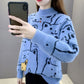 Korean Style Fashion Imitation Mink Fleece Sweater Half Turtleneck Knitted Long Sleeve Plush Sweater Loose Plus Size Cat Sweater