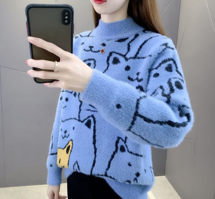 Korean Style Fashion Imitation Mink Fleece Sweater Half Turtleneck Knitted Long Sleeve Plush Sweater Loose Plus Size Cat Sweater