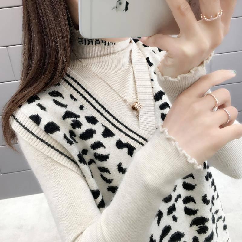 Women Sweater Vest Leopard Knitted Vest Fall Pullovers Sleeveless Printed Tops Ladies V Neck Clothes