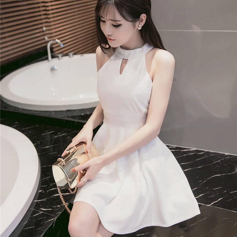 Pofulove Summer off-shoulder sexy halter dress Slim A-line halterneck dress hollow short dress