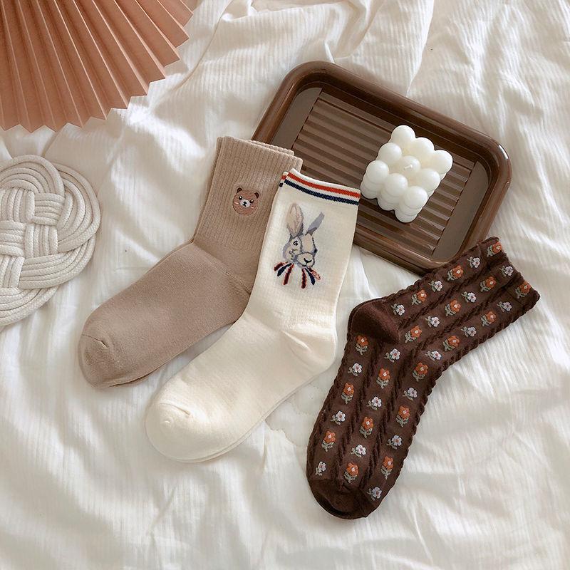 Three Pairs of Women's Socks Fashion Print Cartoon Pattern Socks Winter Thick Warm Pile Pile Socks