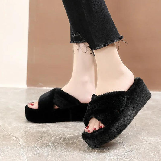 Heightening Woolen Slippers Women's Thick Soled Shoes In Autumn and Winter Versatile Non Slip Women's Slippers Outside