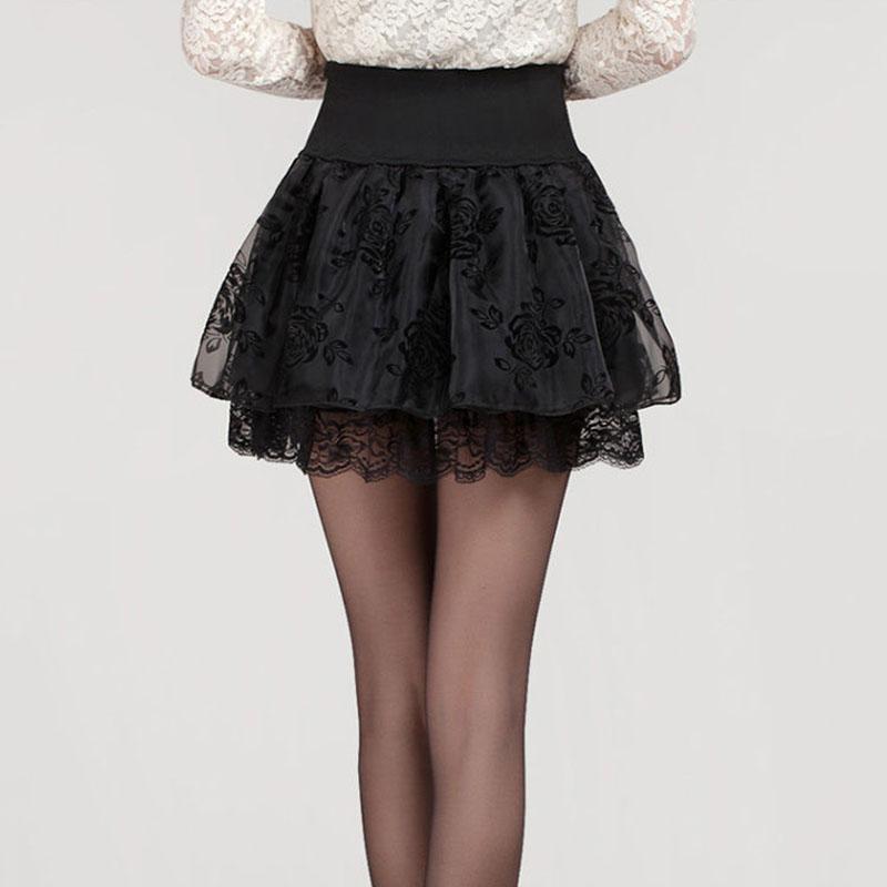 Mini Skirts for Women Summer Lace Ball Gown Black Skirt Elastic High Waist Rose Pleated Skirts Party Mesh Short Skirt