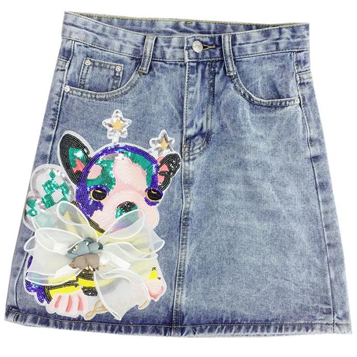 Pofulove S-5XL Women Irregular Cartoon Denim Skirt High Waist Slim Sexy A-line Package Hip Skirt