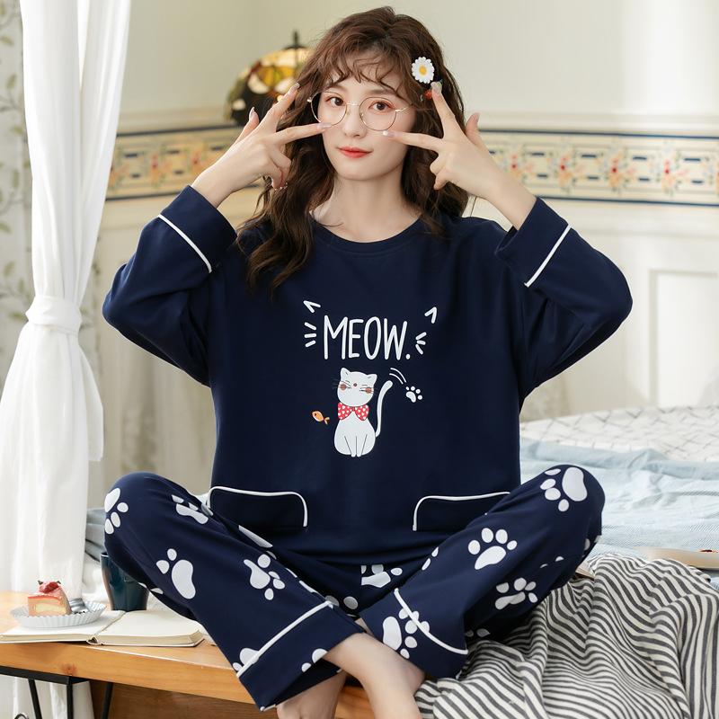 Cotton Pajamas for Women Long Sleeve Pyjamas Set Pullover Sleepwear Suit Cartoon Cute Nightwear Loose Casual Home Wear Spring Autumn Tops Pants Sets