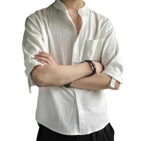 Linen Shirt Men's Summer Short-sleeved White Shirt Loose Cotton and Linen Half-sleeved Shirt for Men