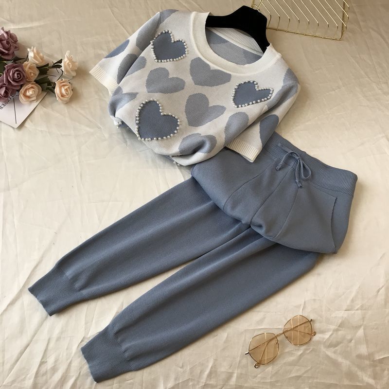 2pcs/set Knitted Set Women Beading Short Sleeve Sweater Tops+Elastic Waist Pants  2piece Set  Casual Tracksuit Elegant Outfits