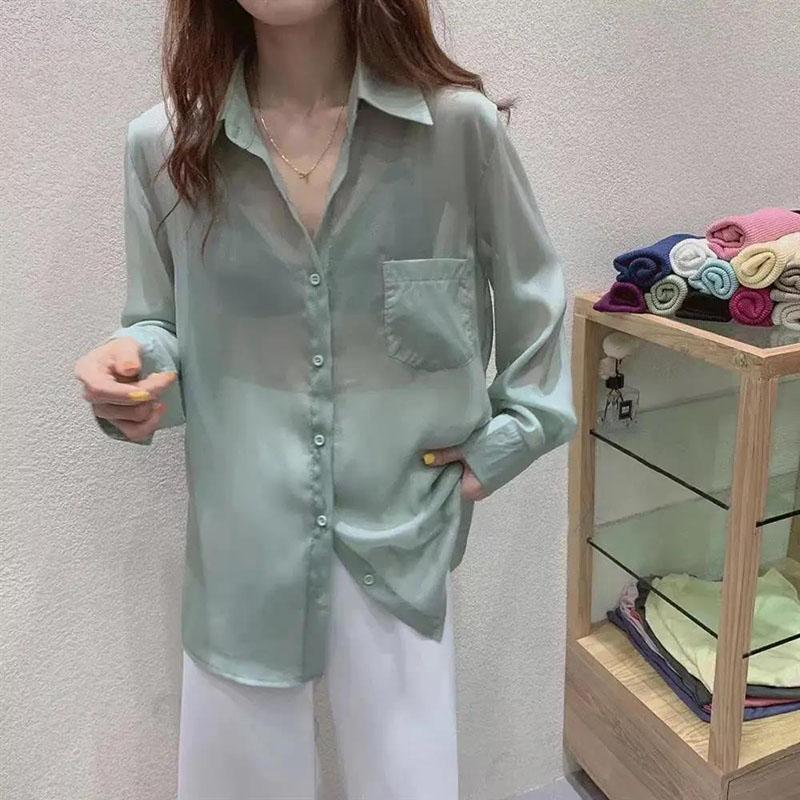 Sunscreen Shirt Chiffon Female Summer  Long Sleeve Loose Ice Silk Cardigan Tide  Turn-down Collar  Button Up Shirt