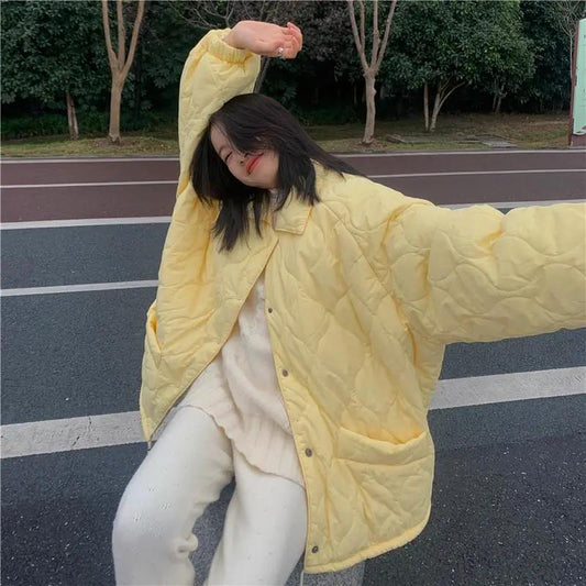Korean Version of Loose All-match Blouse for Female Students In Long Rhombic Cotton Jacket Plus Size Women's Clothing