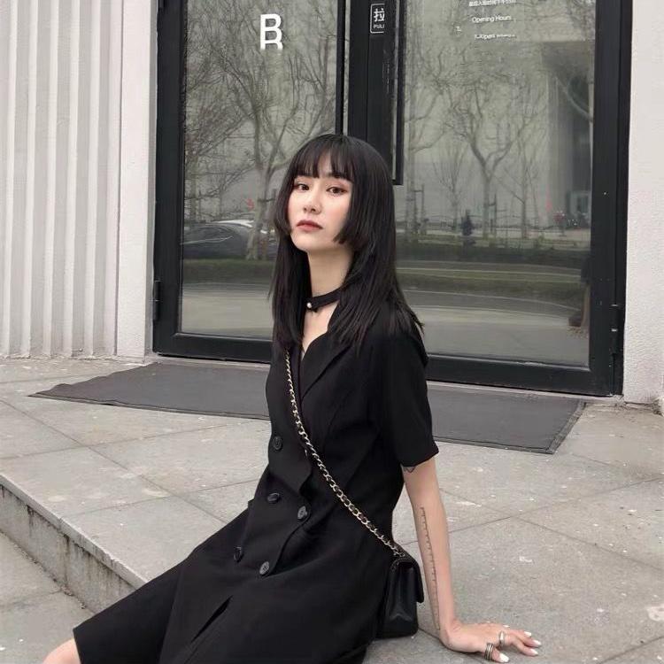 Black Dress Women's Cool Girl Summer Dress Short Sleeve Turn-down Collar Knee-length Daily Wear Office Dating Party