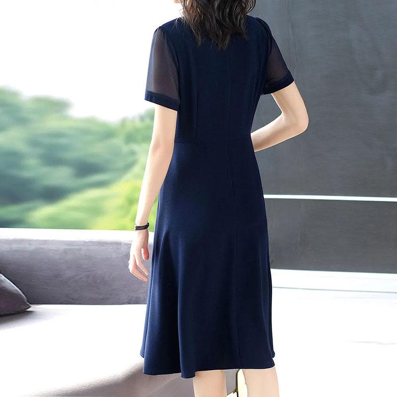 L-5XL Spring Summer Chiffon Dress Large Size V-neck See-through Mesh Short-sleeves Temperament Slim Black Skirt Female Bow Strap A-line Dress